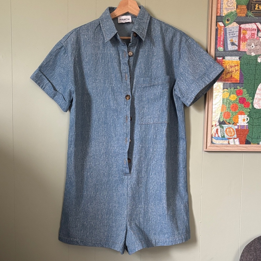 FRNCH Short Sleeve Denim-Look Button Romper - Blue